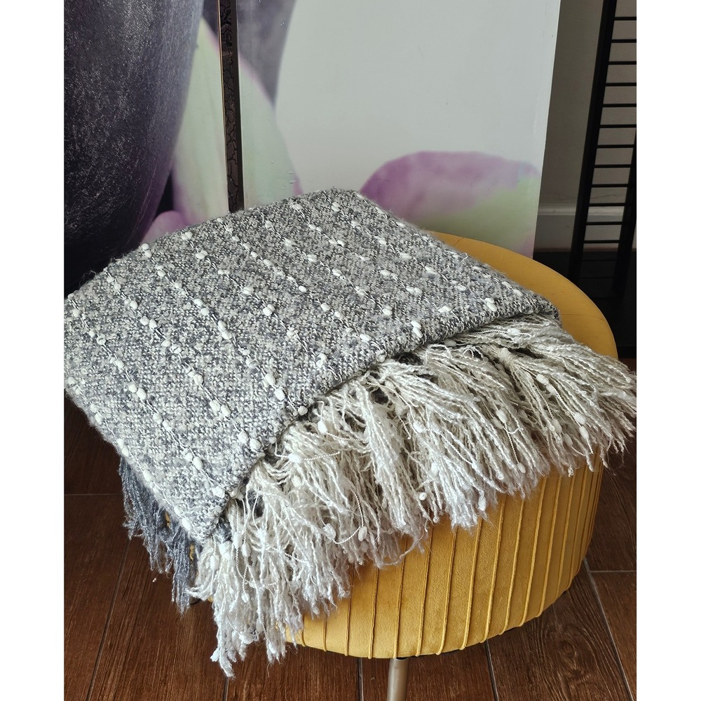 Shabby Chic Textured Throw Blanket Gray White Speckle Fringe Cozy Home Decor